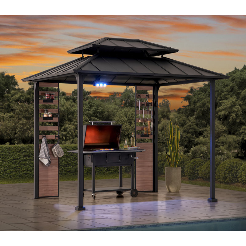 Rochdale 7 x 9 ft. Grill Gazebo, 2-Tier Hardtop Gazebo Pergola with Ceiling Hooks and Storage Shelves