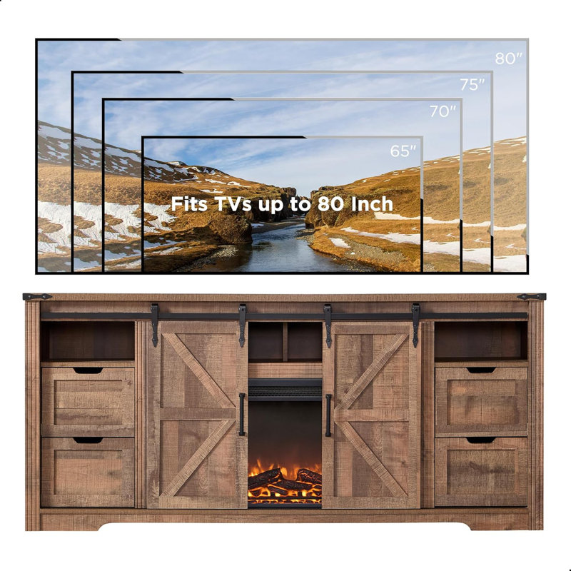 Marckson 70'' Barn Door TV Stand with 36" Electric Fireplace,  Fireplace TV Stand For TVs Up To 80" with Storage Drawers