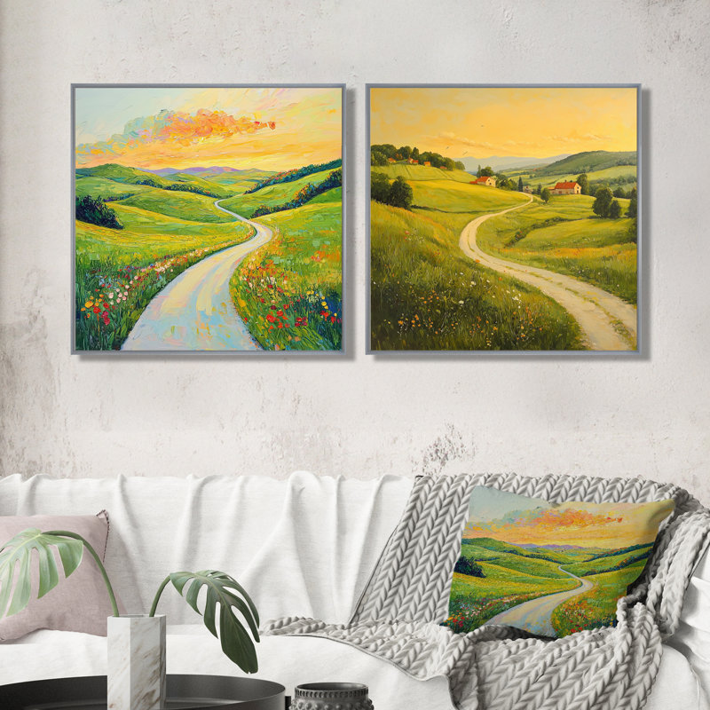 «Countryside Road In Summer I», art mural campagne - ensemble de décorations murales campagne 2 pièces, H 16 po x l 33 po