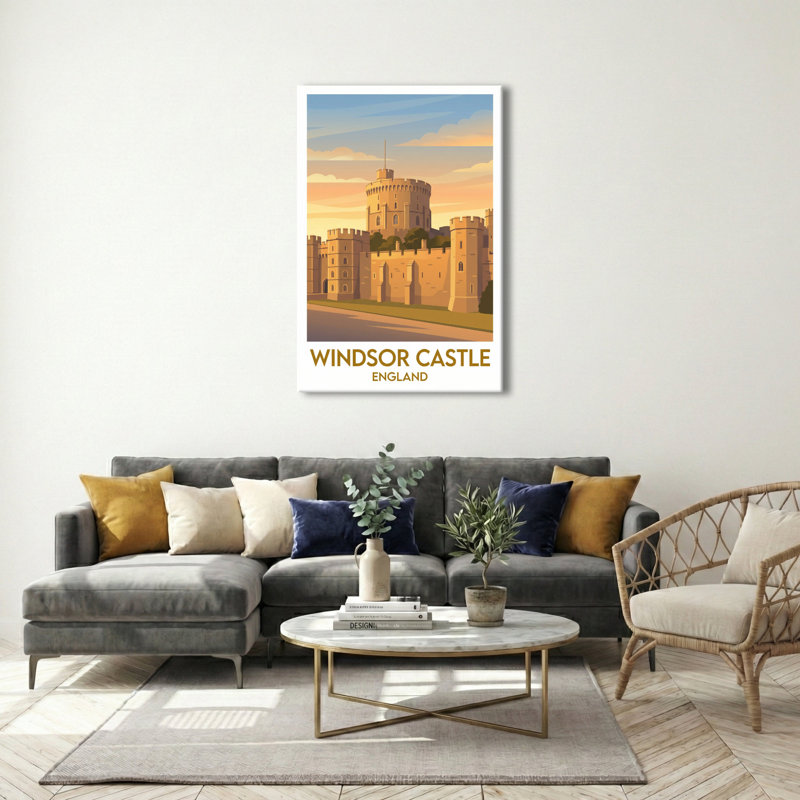 Windsor Castle, England - Romantic Travel Poster Of Historic Royal Castle At Sunset. Giclée Print On Wrapped Canvas. Wall Art, Home Decor - Castles & Palaces, England - Wrapped Canvas Print