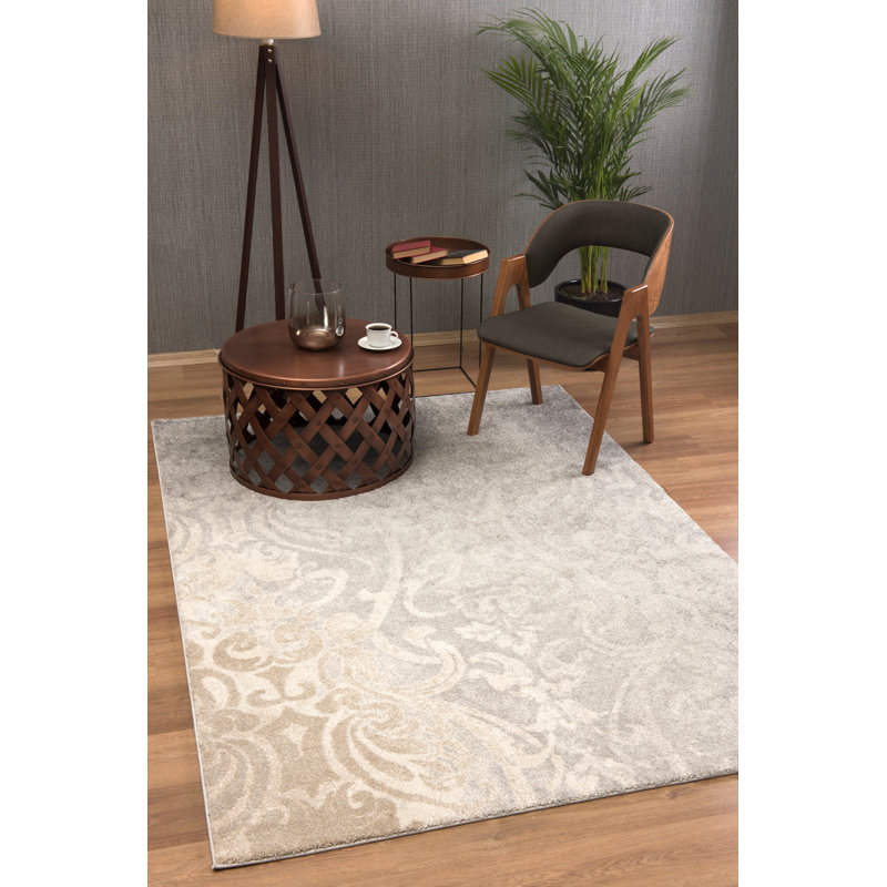 Tapis intérieur / extérieur 4 pi x 6 pi (3 pi 9 po x 5 pi 6 po) gris / beige à motif damas patiné Adrian