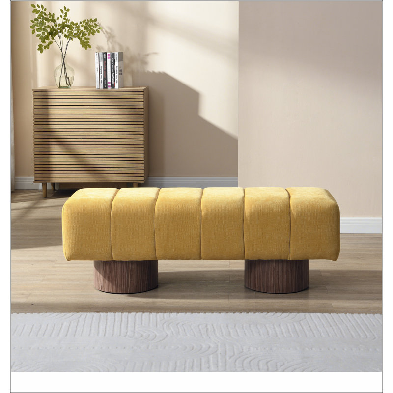 Upholstered Dining Bench for Dining Room, No-Assembly End of Bed Entryway Bench Ottoman for Bedroom Living Room, Yellow Chenille Fabric Stool Top Wood Leg 300 LBS Weight Capacity