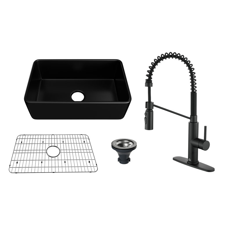 Évier de cuisine à simple cuve en argile réfractaire simple avec robinet inclus Casainc, Noir mat