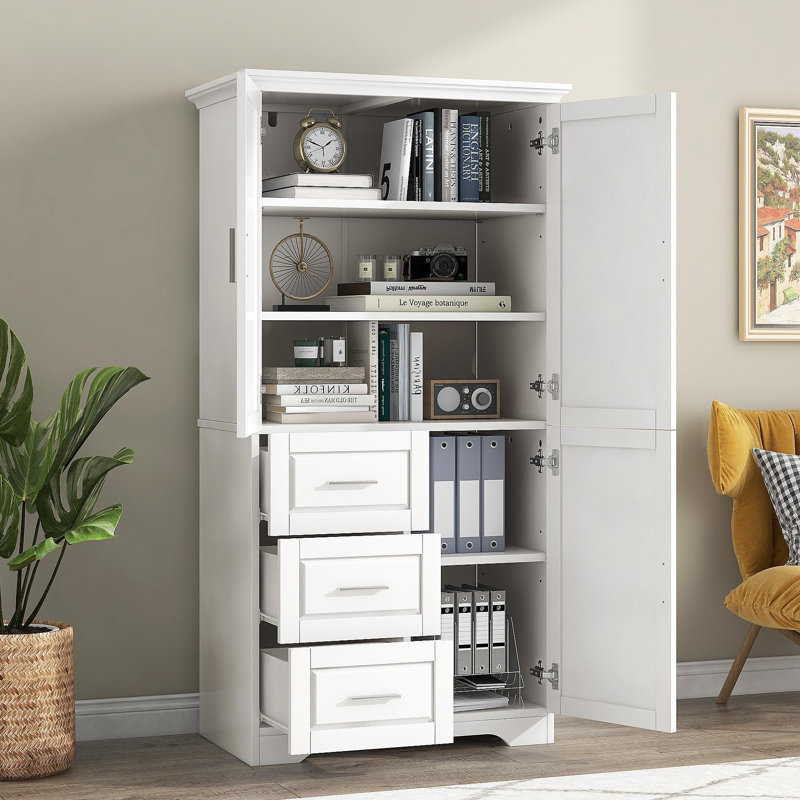 Armoire de rangement haute et large avec portes pour salle de bain / bureau, trois tiroirs, blanc