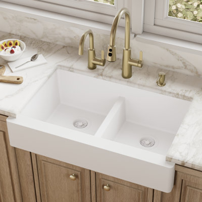 Karran Retrofit Farmhouse Apron Front Quartz Composite 34'' X 21-1/4'' 50/50 Double Bowl Kitchen Sink