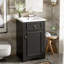 Meuble-lavabo de 20 pouces avec lavabo en céramique. Compact et élégant. Protection contre le débordement. Étagère réglable à fixation sur porte. Finition noire. Évier de construction, porte à fermeture en douceur, rangement pour un espace serein