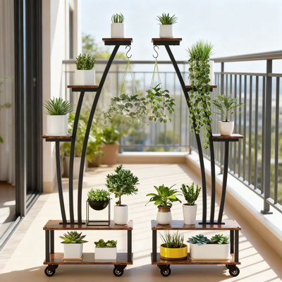 5-Tier Tall Plant Stand With Wheels, Cone-Shaped Metal Plant Shelf With Hanging Hooks, Multi-Tier Storage Display For Indoor Plants In Living Room, Ba