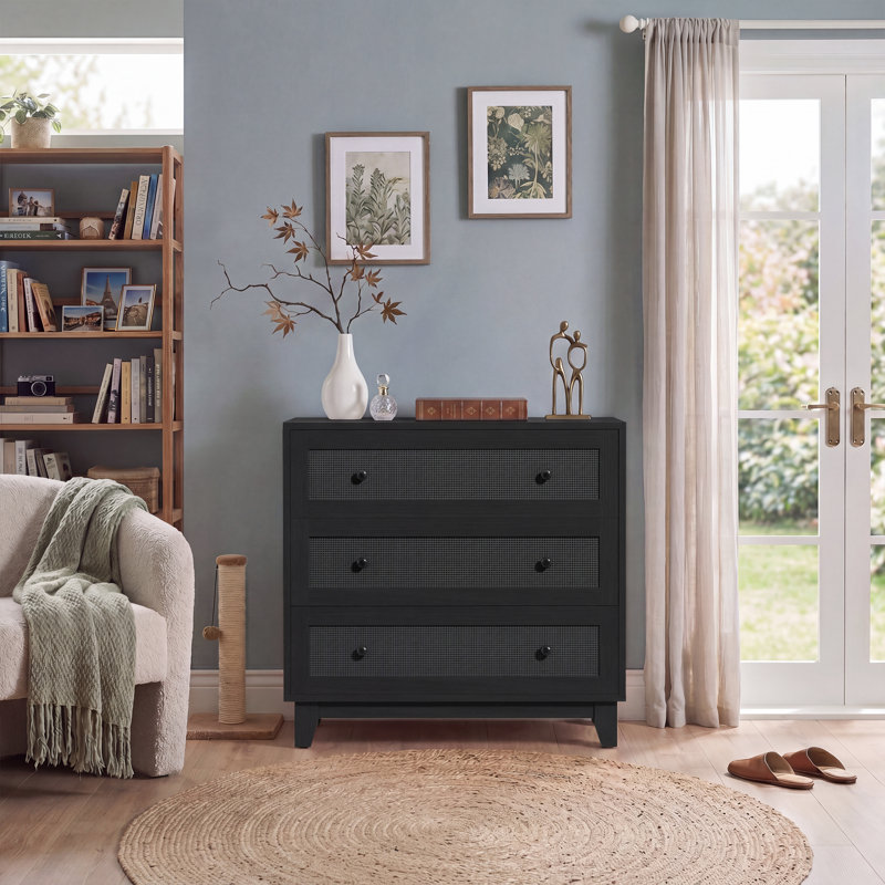 Commode 3 tiroirs, commode Boho, Noir