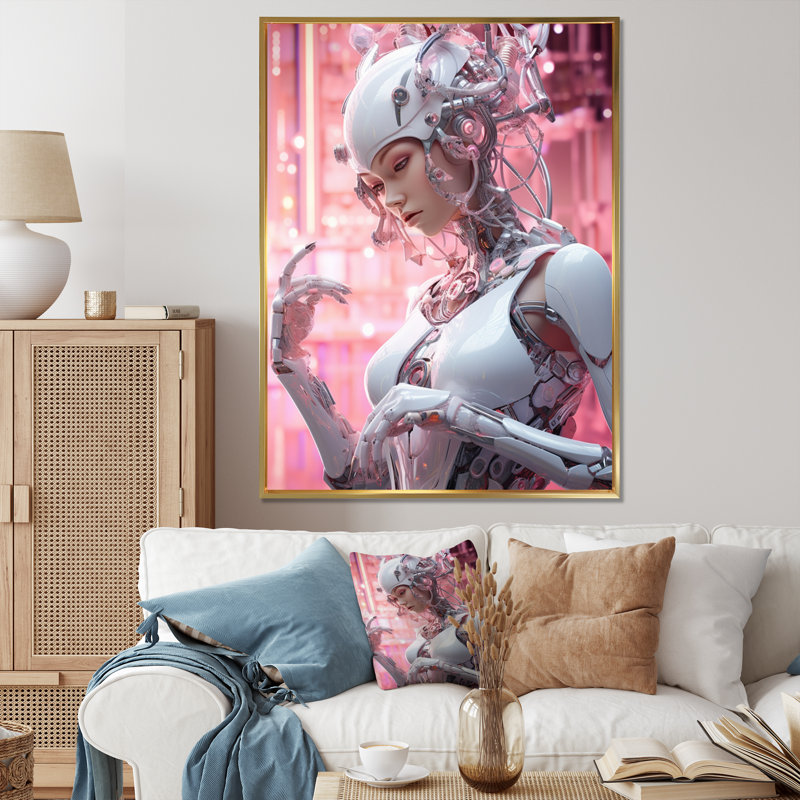 " Female Robotic Opponent I ", 40" H x 30" W x 1.5" D, Gold Floater Framed