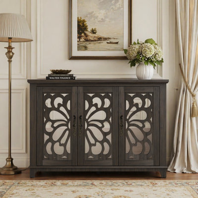 49.33" x 15.55" spacious size countertop Sideboard with 3 mirrored doors adjustable shelves buffet cabinet, storage cabinet for living room, bedroom, dinning room, kitchen, hallway closet brown color