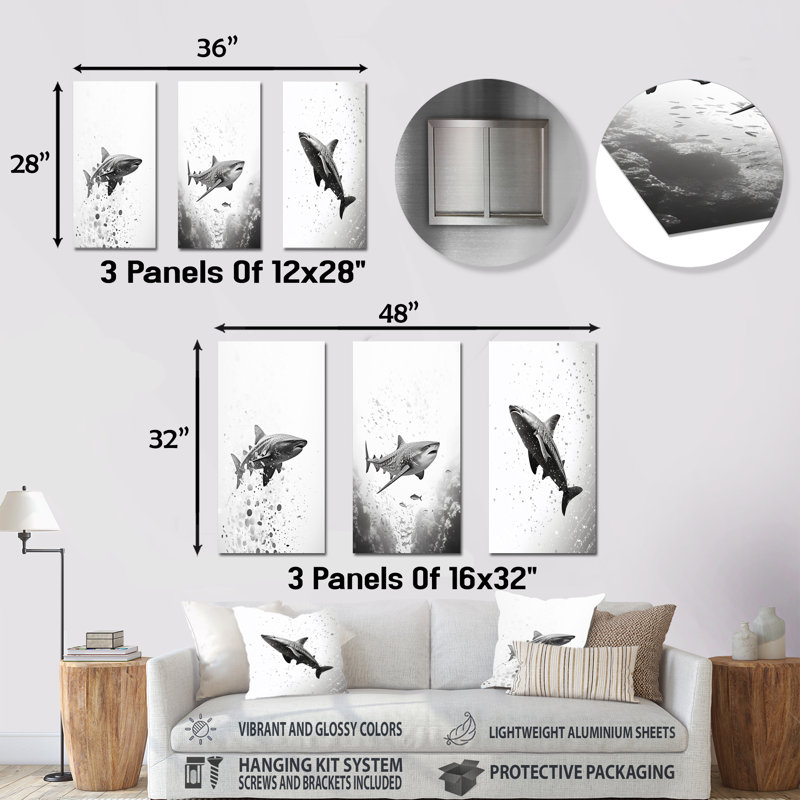 Danse de requin gris monochrome - ensemble de 3 décorations murales en métal Shark, H 28 po x l 36 po