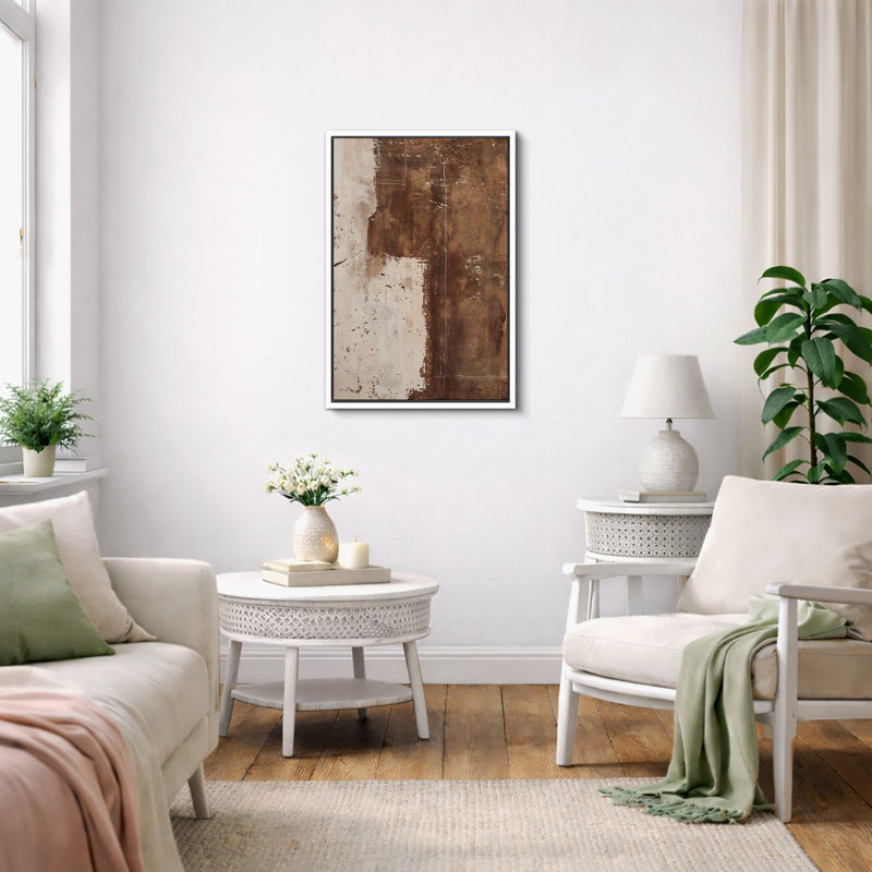 Style Mid-Century brun foncé, formes abstraites neutres, grand cadre rustique, décor minimaliste M20, H 36 po x l 24 po