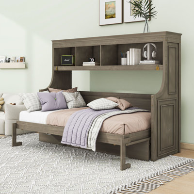 Lit escamotable simple en bois avec tablettes de rangement et bureau