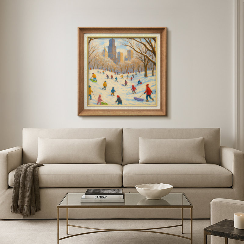 «Winter City Park Sledding Scene Wall Decor», reproduction d'art sur toile encadrée, H 26 po x l 26 po x P 1,5 po