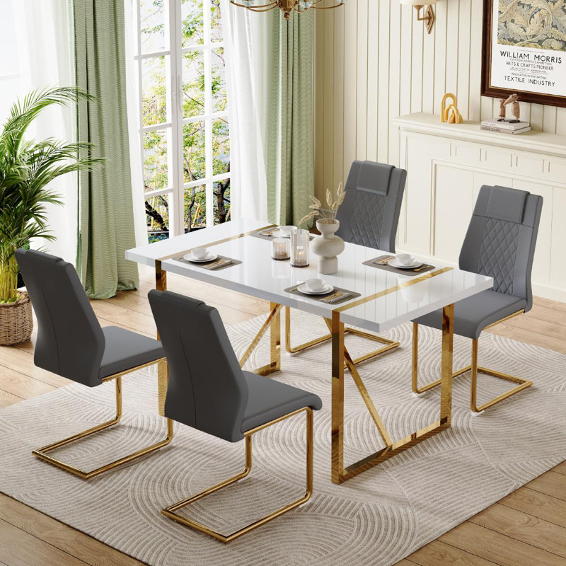 Ensemble de salle à manger rectangulaire L 31,5 po x l 55,12 po Minday, 5, Gris/doré, Doré