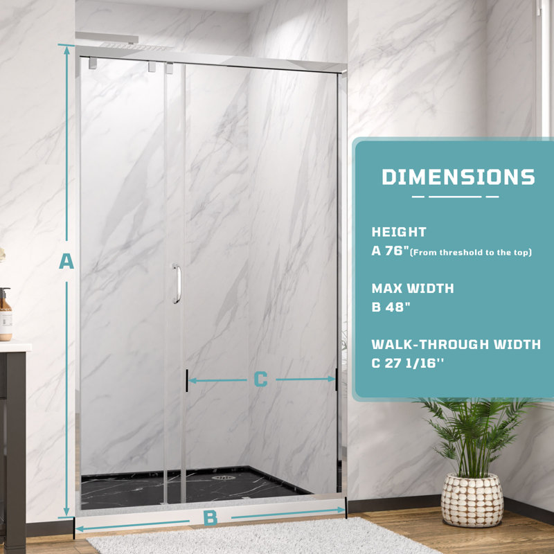 48" W x 76" H 3-Panel Triple Bypass Sliding Shower Door with 5/16" Clear Tempered Glass and Stainless Steel Frame, Chrome Finish Bathroom Shower Door