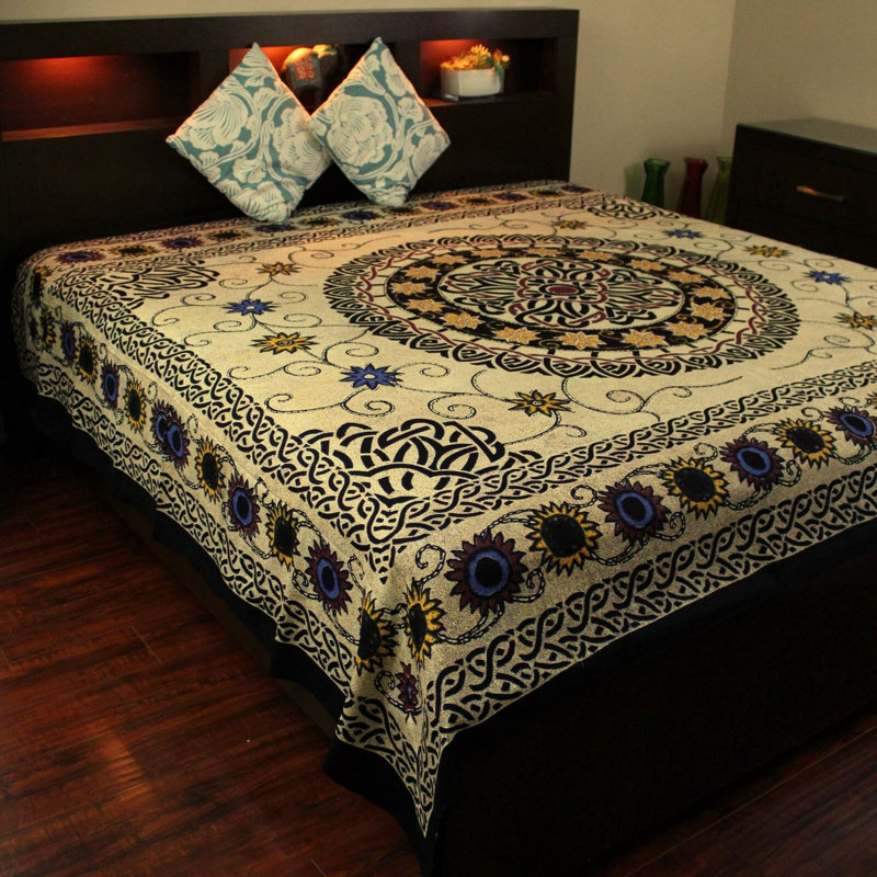 Cotton Celtic Mandala Sunflower Tapestry Wall Hanging Spread, Vibrant, 88" H x 104" W