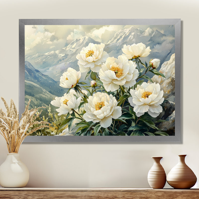 Pivoines près de la crête de montagne III - pivoines, art mural, H 34 po x l 44 po, Cadre simple argenté