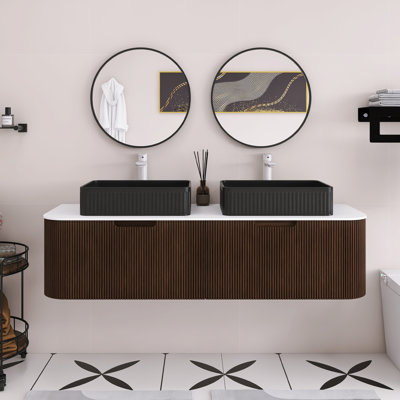 Meuble-lavabo mural de 60 po de couleur grain de bois avec bords arrondis et conception rayée, armoire de rangement avec 2 tiroirs, 2 lavabos rectangulaires en céramique noire.