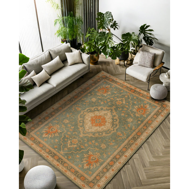 Zyana Collection Digital Print Cotton-Polyester Green Moroccan Rug, Rectangle 6'7" x 7'3"