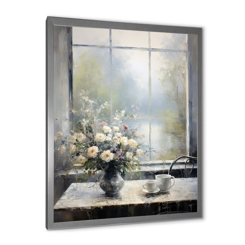 «Grey Misty River Window View I - Farmhouse Windows», art mural, Cadre simple argenté, H 32 po x l 16 po x P 1 po