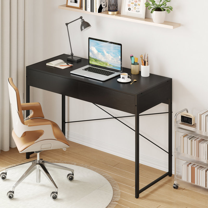 Modern 2-Drawer Computer Desk w/ Reinforced Heavy-Duty Metal Frame Anti-Tip Kit