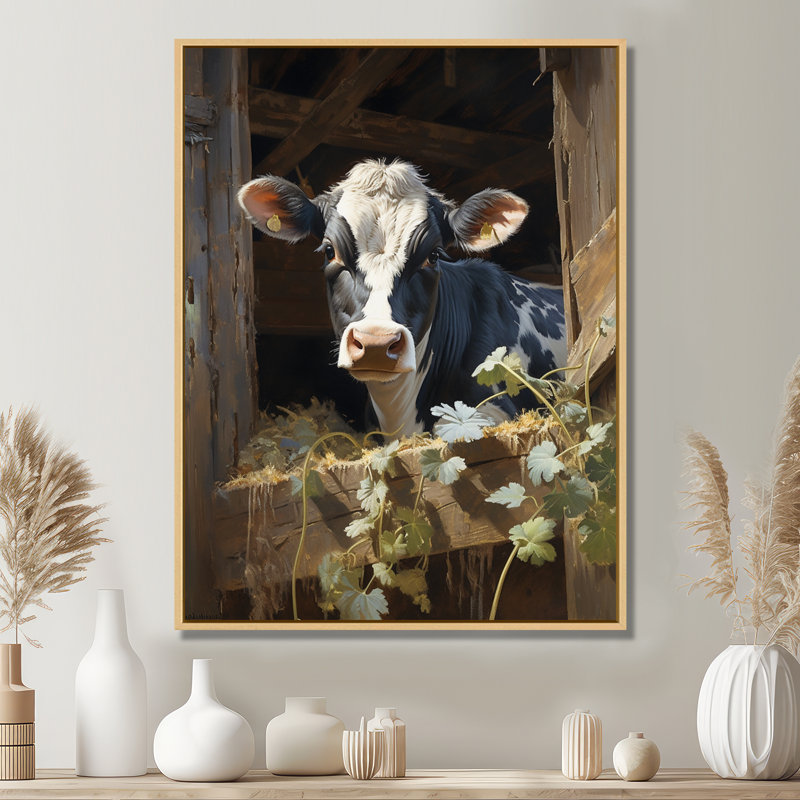 Damalis Cow Rustic Charm I - vache, art mural, H 32 po x l 24 po x P 1 po, Cadre flottant en érable