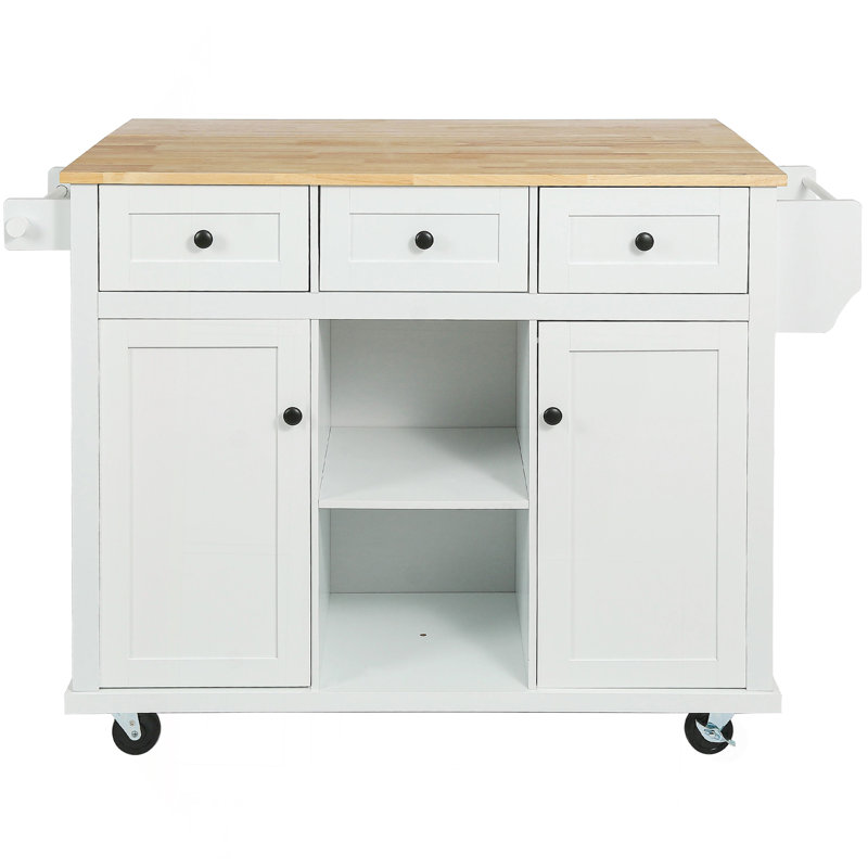 Kitchen Cart With Rubber Wood Drop-Leaf Countertop ,Cabinet Door Internal Storage Racks,Kitchen Island On 5 Wheels With Storage Cabinet And 3 Drawers For Dinning Room