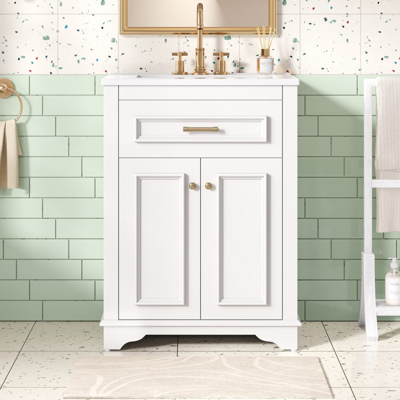 Meuble-lavabo avec lavabo en céramique intégré, idéal pour les petites et moyennes salles de bain, avec finition blanche avec 2 portes et 1 tiroir basculant