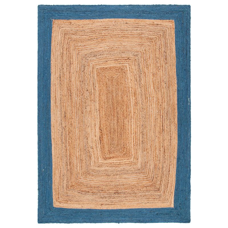 Rea Natural Fiber Flat Weave Jute/Cotton Striped Rug in Natural/Blue, Rectangle 5' x 8'