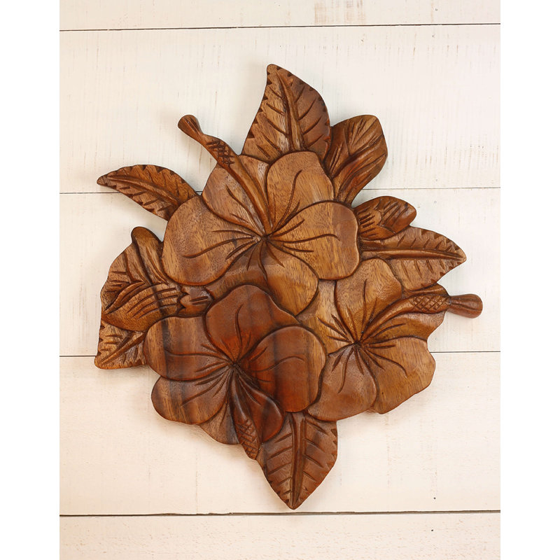 Art mural hibiscus tropical - panneau floral en bois sculpté à la main, décoration botanique bohème
