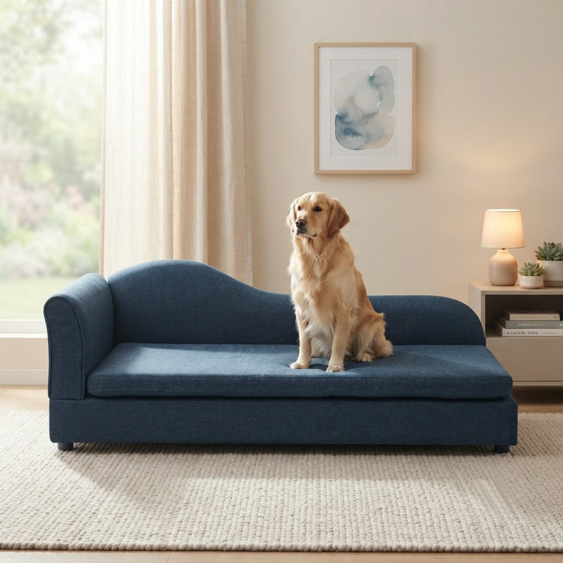 Grand lit pour chien 55 po, dossier ondulé, canapé en lin, Bleu très foncé
