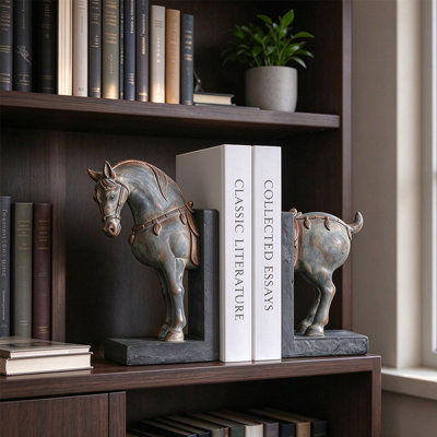 Serre-livres décoratifs en résine vieillie, en forme de cheval, ensemble de 2, pour étagères et bureaux.