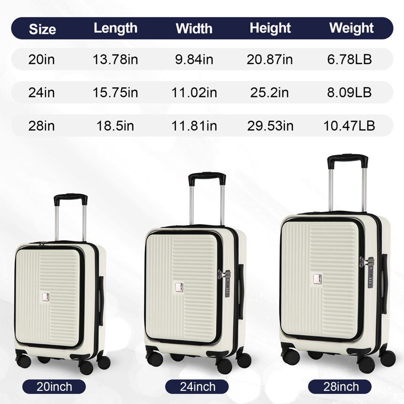 Luggage,with front opening,TSA approved lock,hardshell suitcase, White