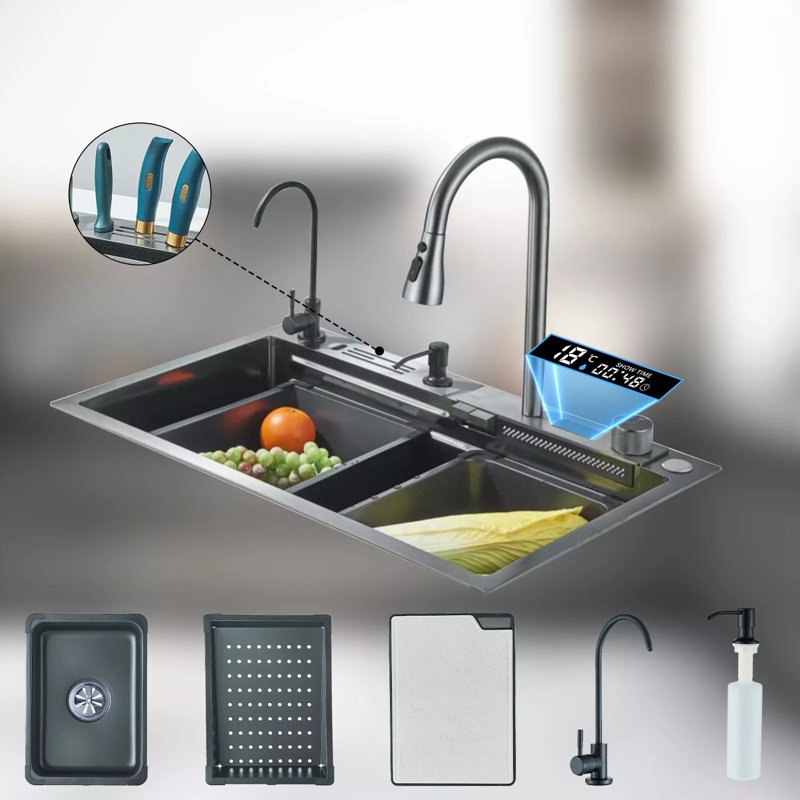 Évier de cuisine Mosson à affichage numérique de 75 cm (29,5 pouces) avec robinet extractible, lave-tasses et accessoires de préparation