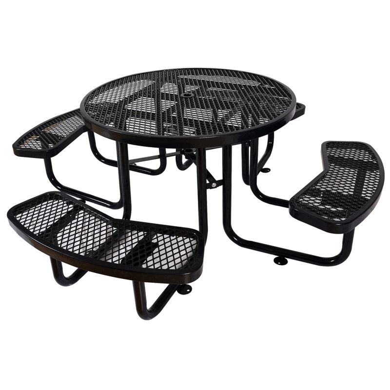 Table de pique-nique ronde ronde en acier 46 po noir avec mât de parasol, Noir