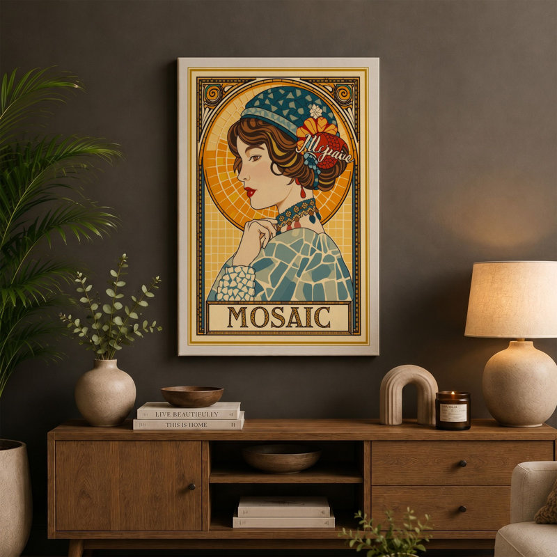 Mosaic Portrait Art Deco - Wrapped Canvas, 36x24 - 91.4 x 61.0 cm, Taupe Border