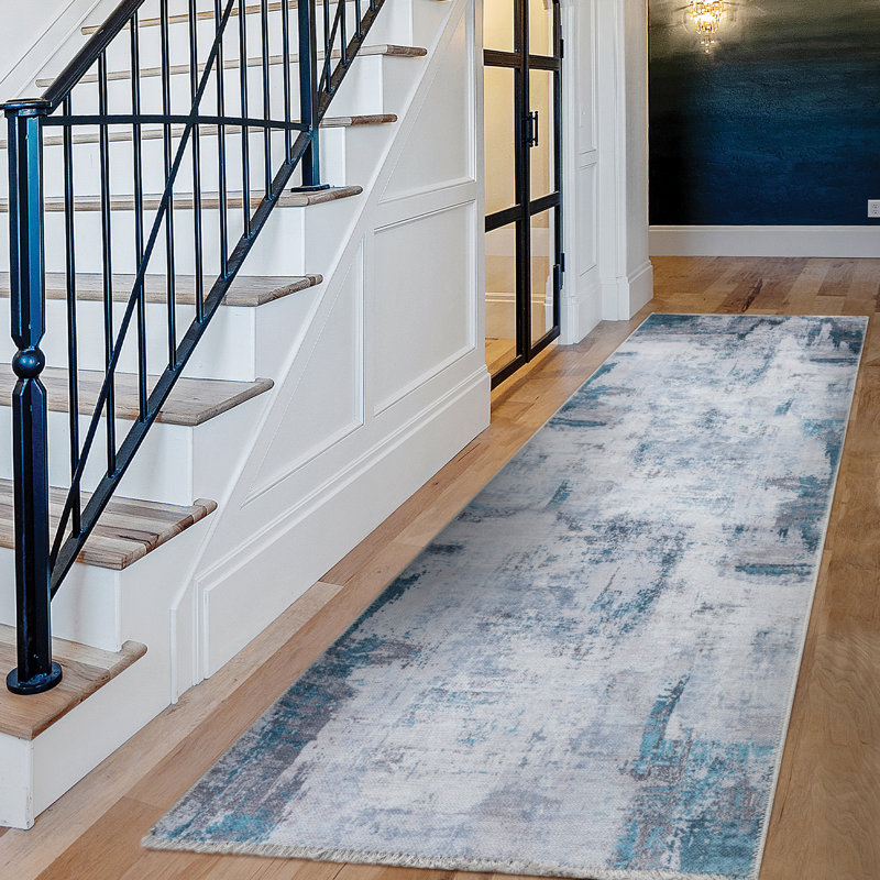 Tapis bleu abstrait en chenille tissé à la machine Penstarre, Tapis de couloir 2 pi x 6 pi