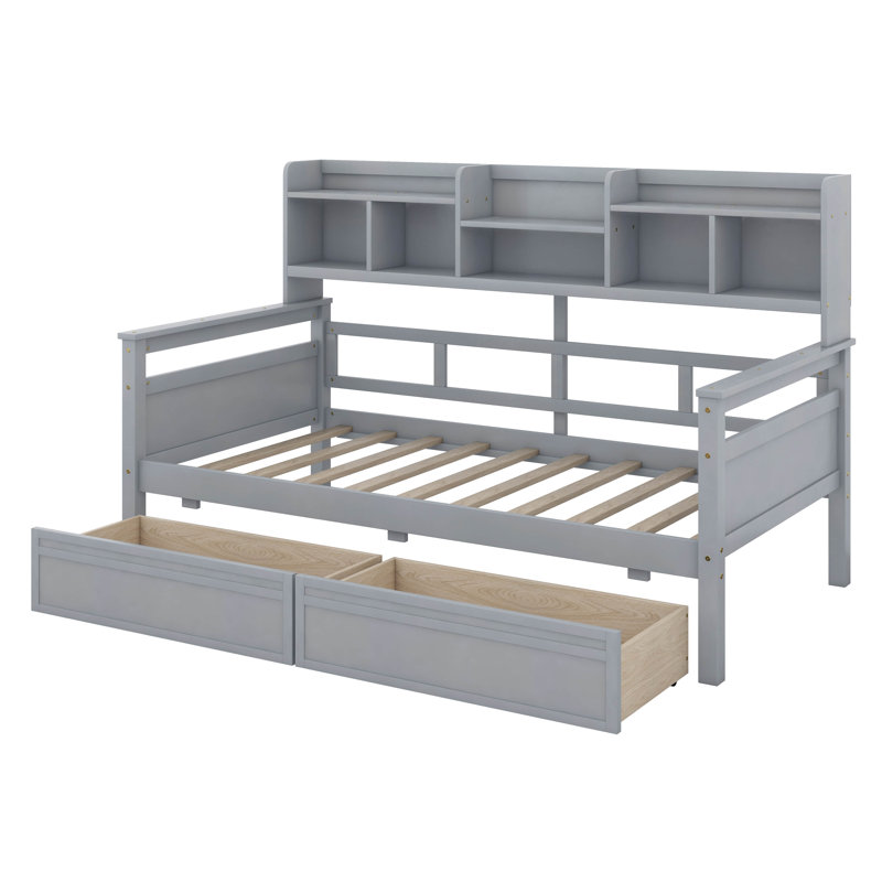 Twin Size Wood Daybed With With Bedside Shelves And Two Drawers, Sofa Bed Frame For Kids Teens Adults, Gray, Twin