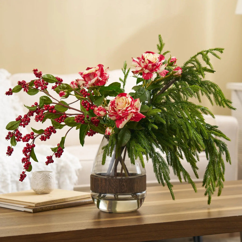 Royal Peppermint Noel - Real Touch Candy Cane Rose & Bud, Norfolk Branch & Red Snowberry in Large Smokey Wood Vase Water Illusion Arrangement