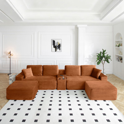 Canapé modulaire surdimensionné de 150 po, canapé Cloud avec siège profond, canapé en L avec porte-gobelets et ports USB, canapé rembourré en velours côtelé pour le salon, orange