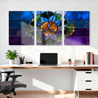 Stained Glass Floral Pattern Canvas Wrapped Wall Art Oil Painting Print Set of 3