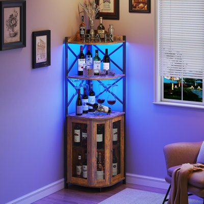 Corner Bar Cabinet With LED Lights, 5-Tier Industrial Wine Bar With Glass Holder, Farmhouse Liquor Cabinets With Shelf And Door, Home Bar For Coffee B -  Orren Ellis, 80DB0334C92D4CCDA279CA982AE3875D