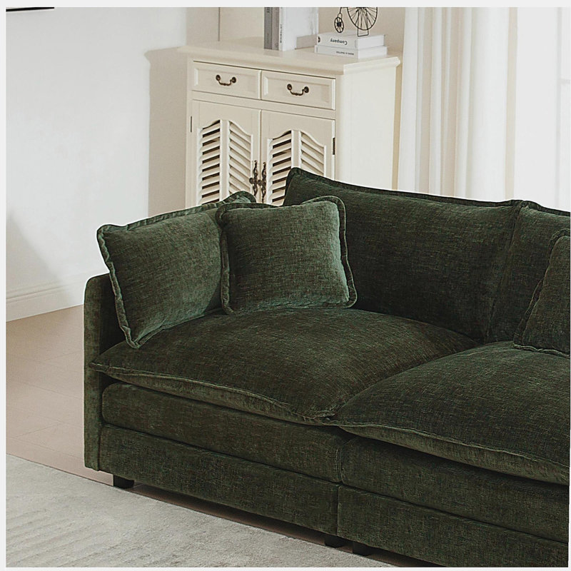 Chenille Two-Seater Sofa with 1 Footrest, 2 Seater L-Shaped Sectional with Ottoman,Loveseat with Ottoman for Small Living Space, Green Chenille