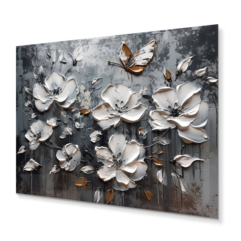 Ailes de papillon doré blanc et fleurs IV sur impression métallique, H 12 po x l 20 po x P 1 po