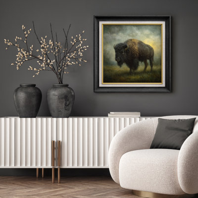 «Majestic Bison in Misty Field», reproduction d'art encadrée sur papier