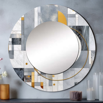 Gris et jaune mosaïque I - grand miroir mural de formes abstraites, miroir rond gris unique, impression d'art en métal