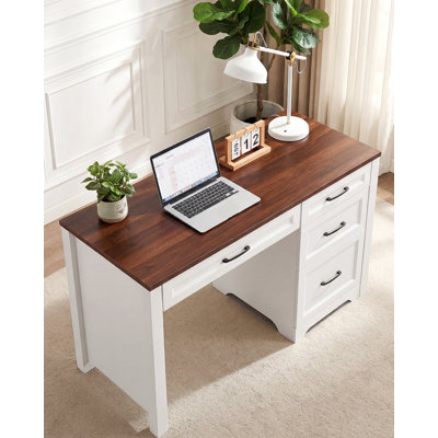 White Wood Tabletop Space Saving Farmhouse Office Desk With File Cabinet Multi Drawer Storage Brown Frame White Tabletop