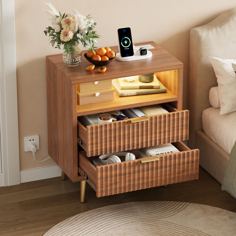 Table de chevet cannelée avec lumières DEL, table de chevet en bois à 2 tiroirs pour la chambre à coucher, table de chevet moderne avec rangement, table de bout en panneau de fibres à densité moyenne pour le salon, conception anti-basculement