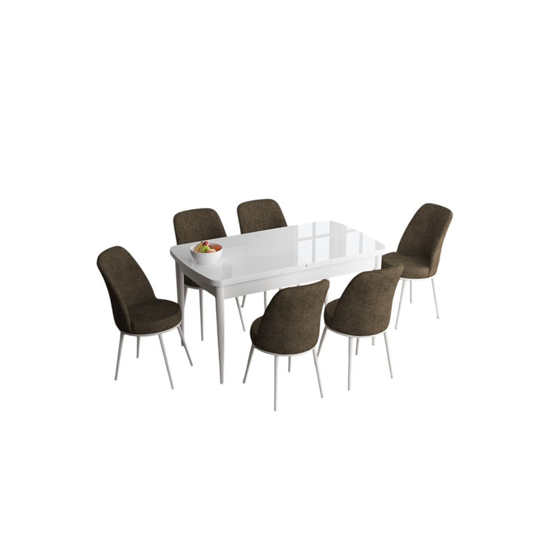 Ensemble de table et chaises de salle à manger extensible Modern (7 pièces), blanc et brun | 100% panneau de fibres à densité moyenne avec pieds en métal | Table: 45 x 30,7 x 27,6 po (ouverte: 56,7 po) | Chaises: 17,7 po x 35,8 po x 16,5 po | Rembourrage en mousse confortable pour une expérience culinaire élégante